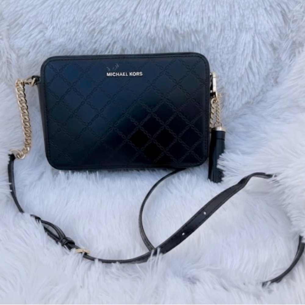 Michael Kors Black Leather Camera Crossbody Bag Gold Tassel